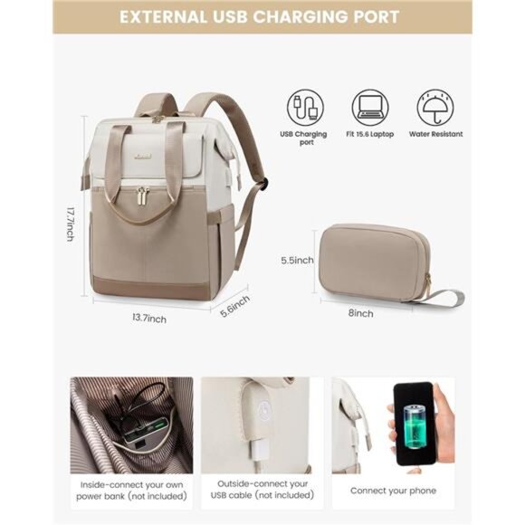 Laptop Backpack for Women, 15.6 Inch Work Laptop Bag with USB Port - Picture 4 of 7